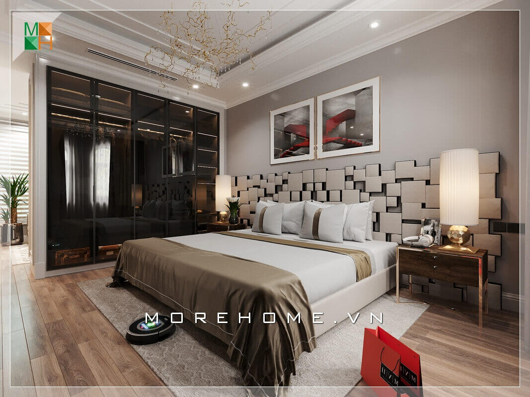 Hai bức tranh canvas họa tiết nghệ thuật được treo đầu giường làm sáng cả căn phòng ngủ chung cư hiện đại.