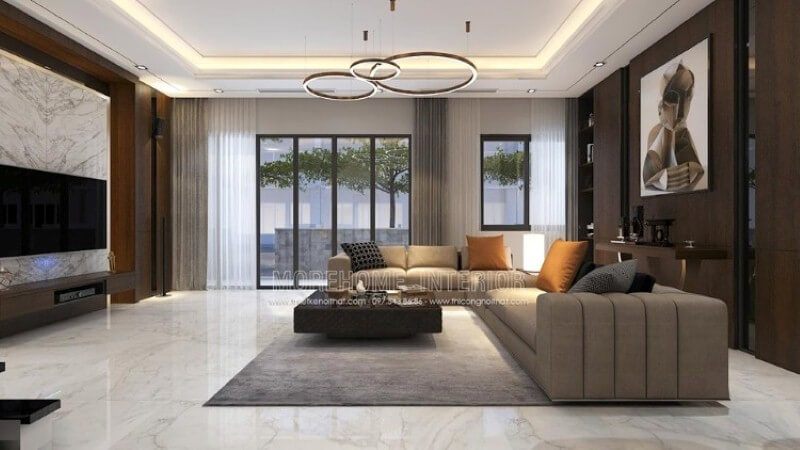 Mẫu trang trí nội thất phòng khách cao cấp phù hợp không gian biệt thự, nhà phố đặc biệt tại Parkcity, với ý tưởng tận dụng tối đa nguồn sinh khí tự nhiên với hệ thống cửa kính cường lực lớn.
