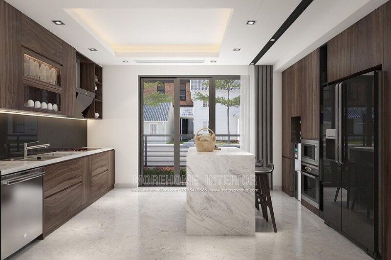Sắp xếp phòng bếp bằng gỗ công nghiệp An Cường đẹp.